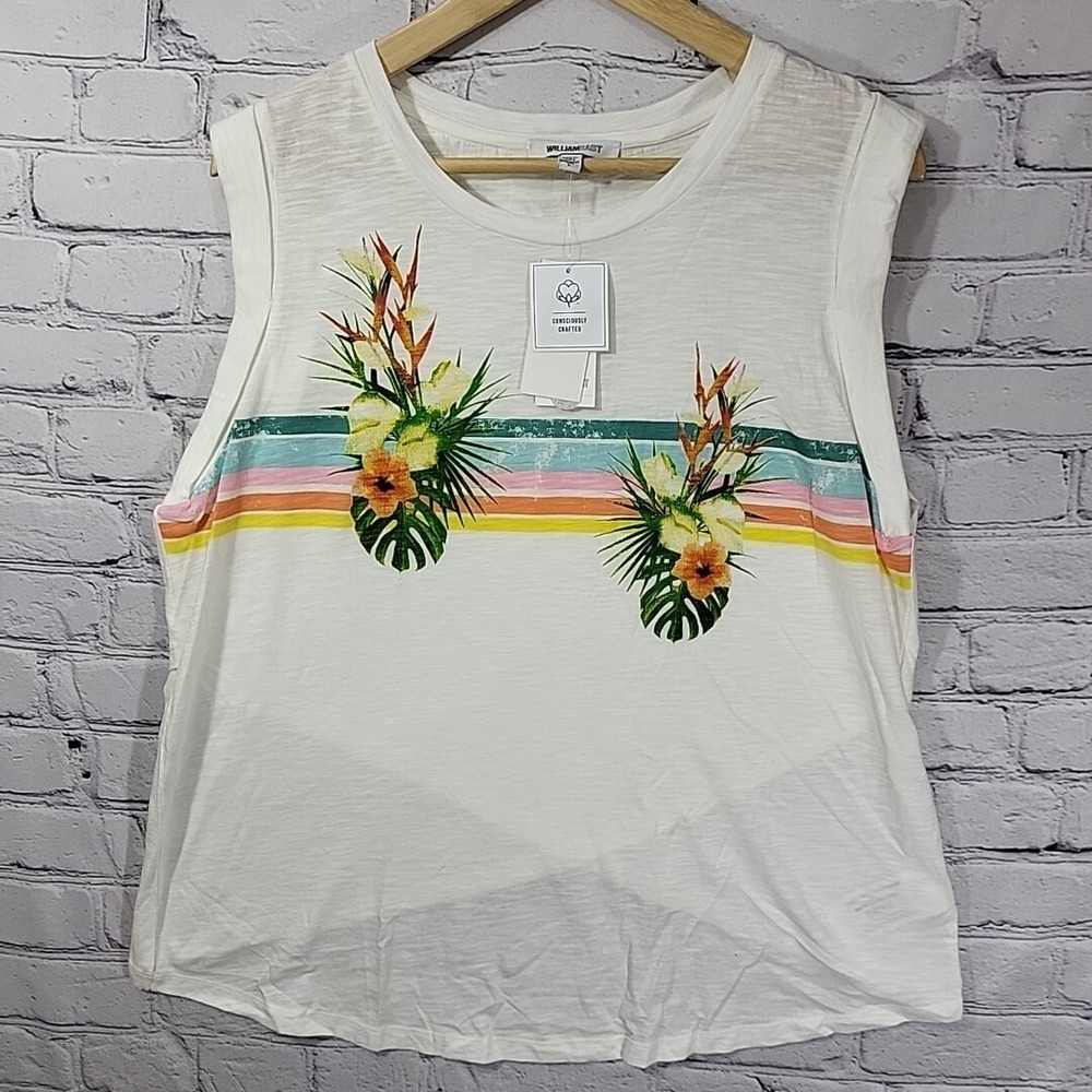 William Rast White Cotton Cross-Back Tropical Printed Top M Sleeveless White